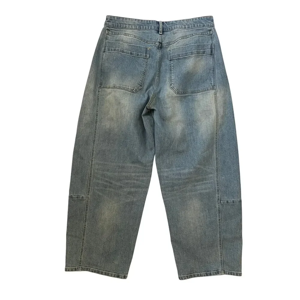 Miou Muse Barrel Jeans - Blue Denim - Wide Leg - Cropped - High-Rise - Size L
